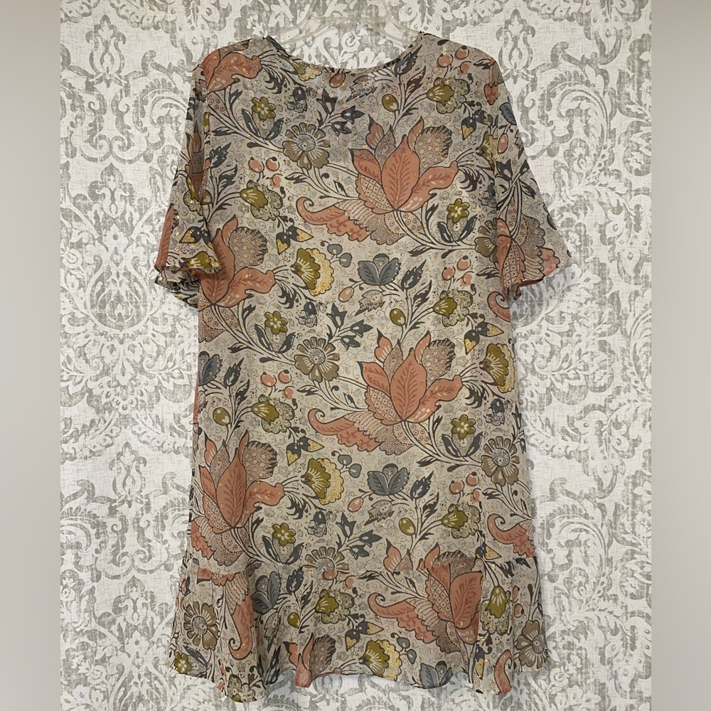 LOFT Flutter Flounce Shimmer Gold Swiss Dot Boho Feminine Floral Dress Pastel L - Picture 10 of 12